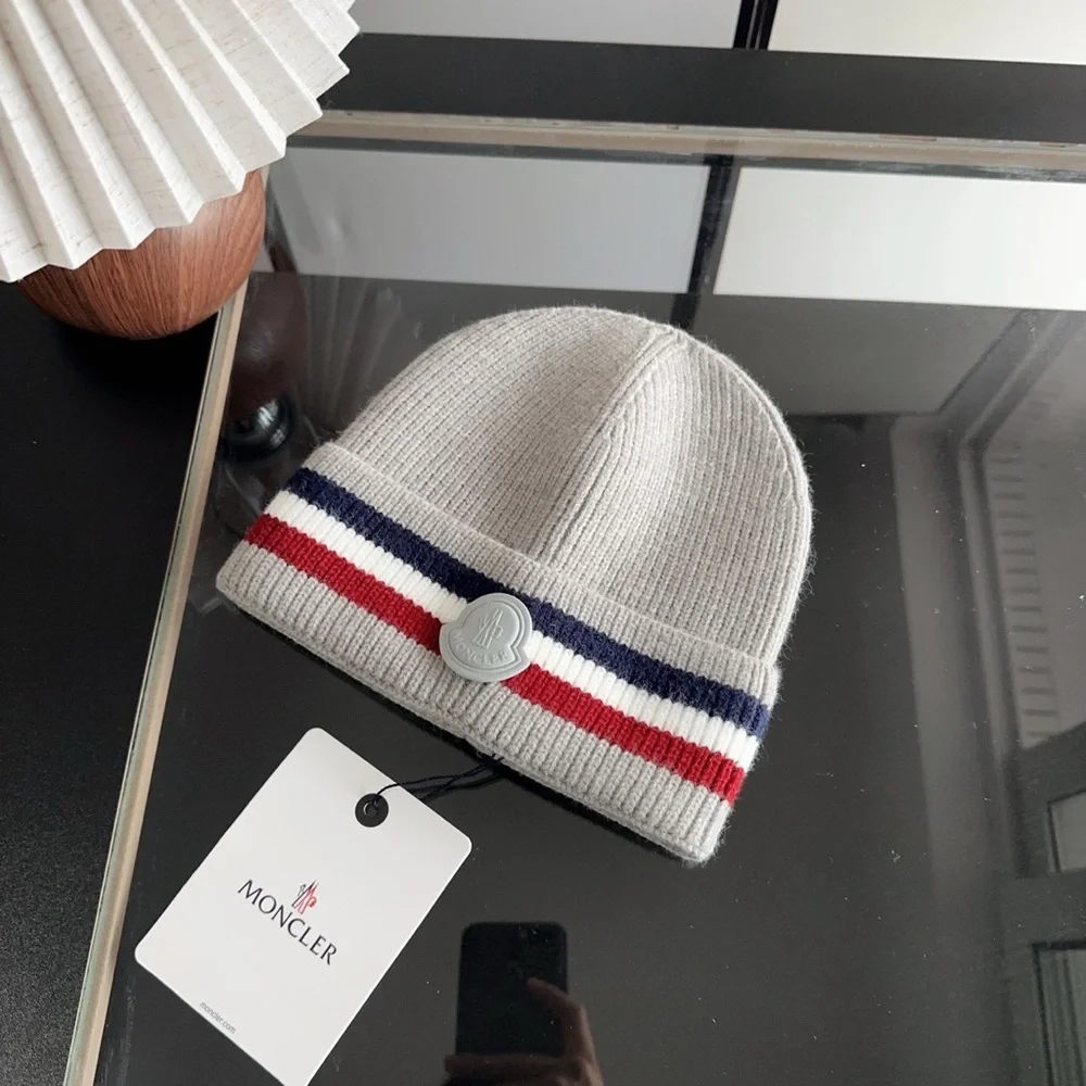 Moncler Kids Light Grey Beanie with Navy & Red Stripe Detail